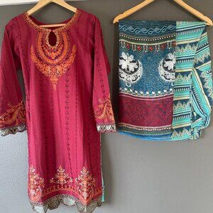 Elegant Maroon Embroidered Kurti with Matching Dupatta & trouser